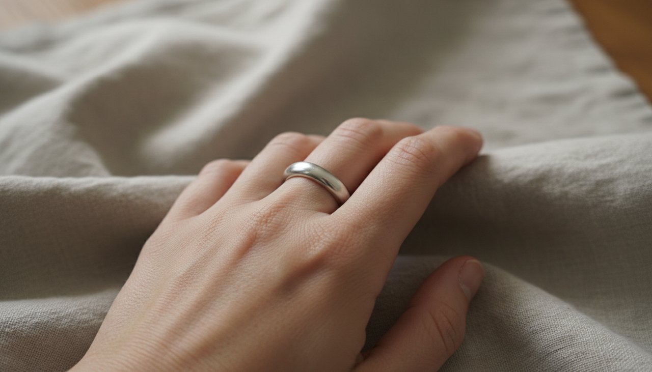 A simple ring being worn comfortably on a hand resting on linen fabric