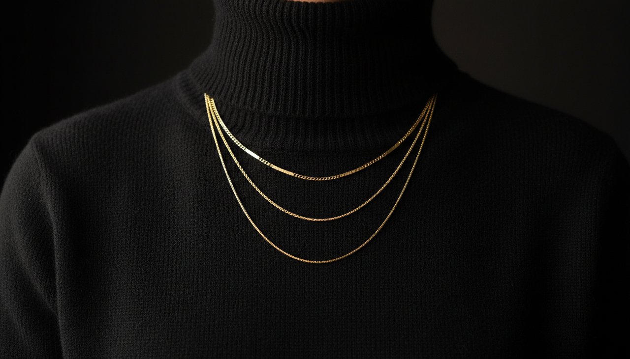 perfectly layered gold necklaces on a black top