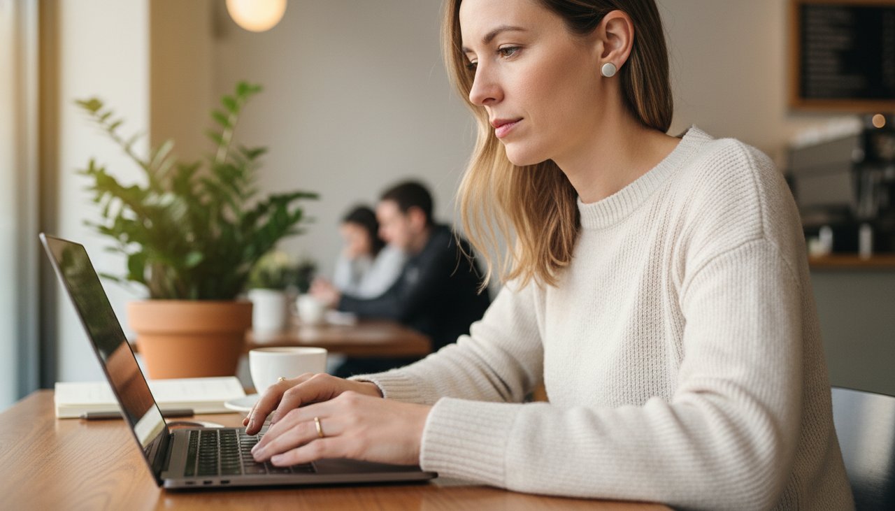 A woman wearing simple earrings and a ring while working on a laptop at a cafe