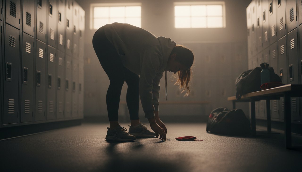 A person in a gym locker room looking for a small earring on the floor in soft morning light