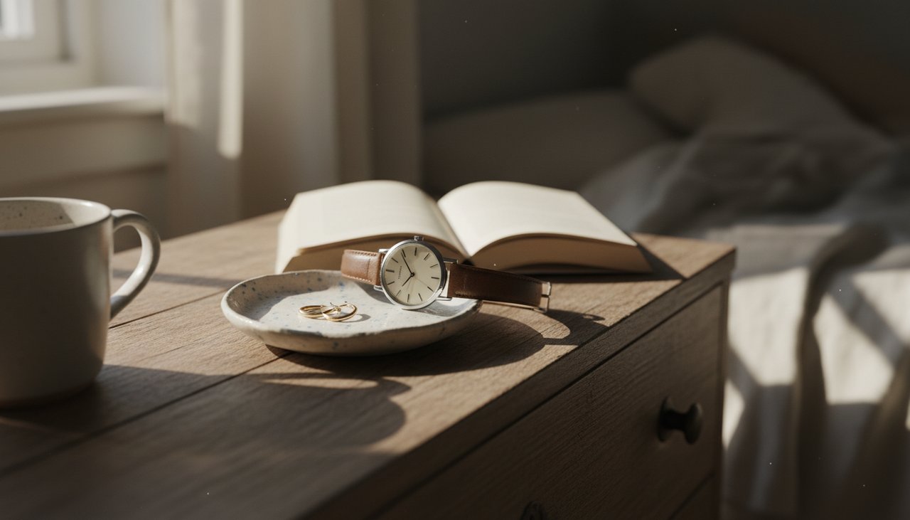 Daily Jewelry Essentials – Sereniso Simple gold hoop earrings and a leather watch on a wooden dresser surface