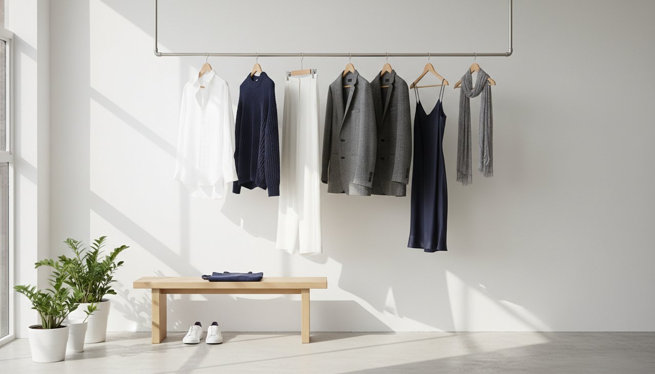 The Architecture of Calm – Sereniso Neatly organized capsule wardrobe in neutral colors