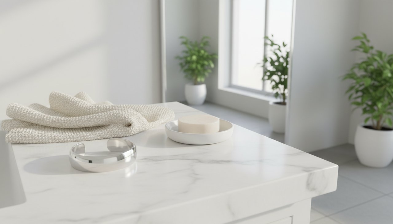 Practical Jewelry Care A silver bracelet placed on a clean marble bathroom counter next to a soft towel