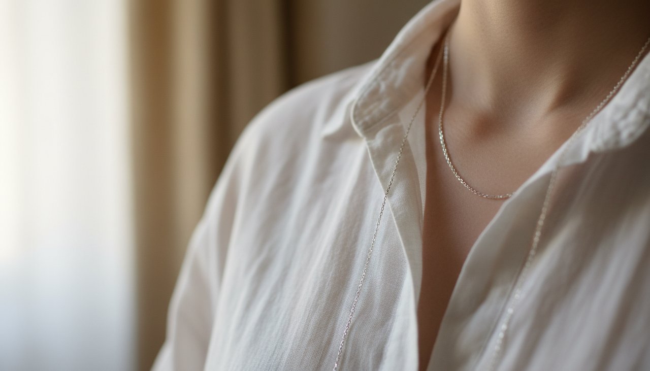 Natural Shine through Friction Close-up of a silver necklace resting against a white linen shirt