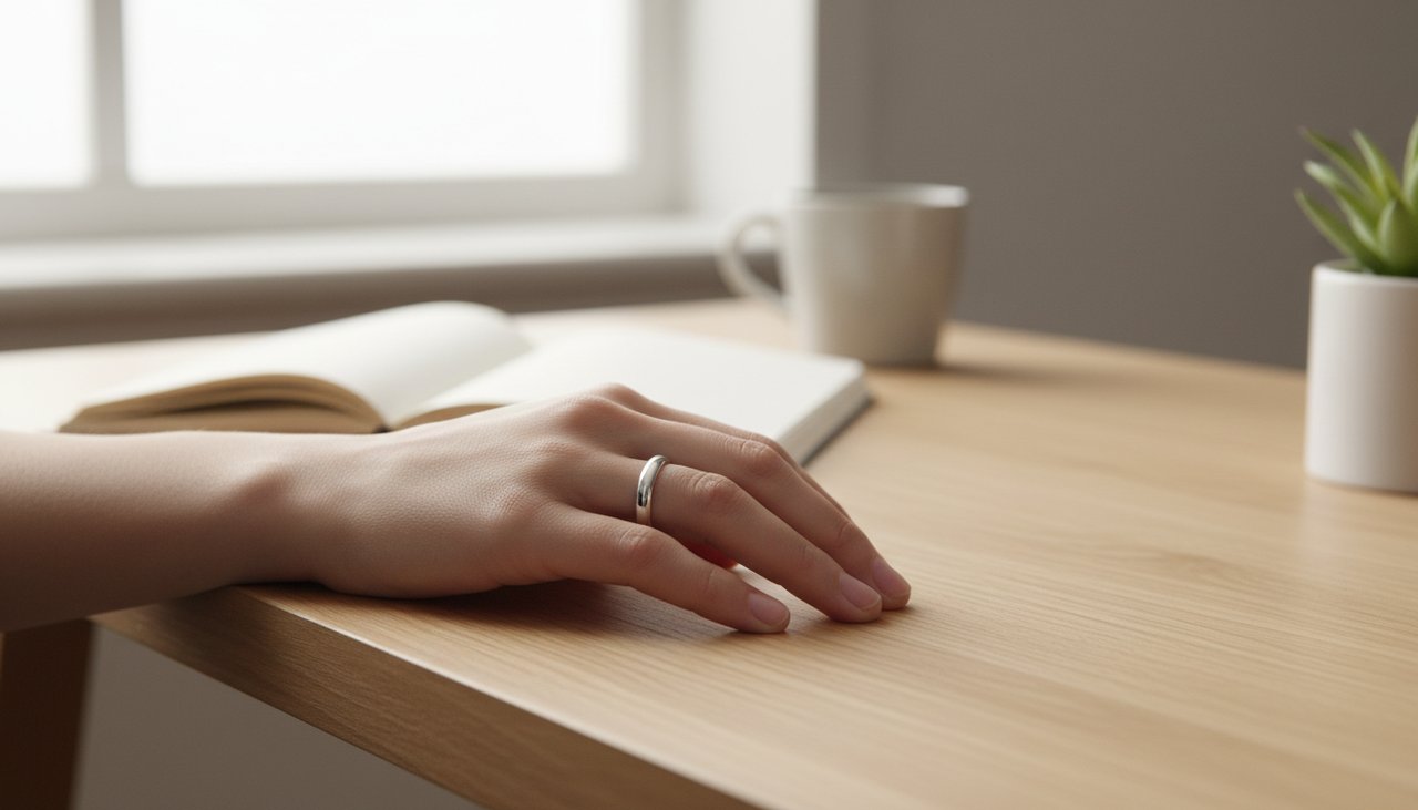 Everyday Silver Wear – Sereniso A person wearing a simple silver ring while working at a light wood desk
