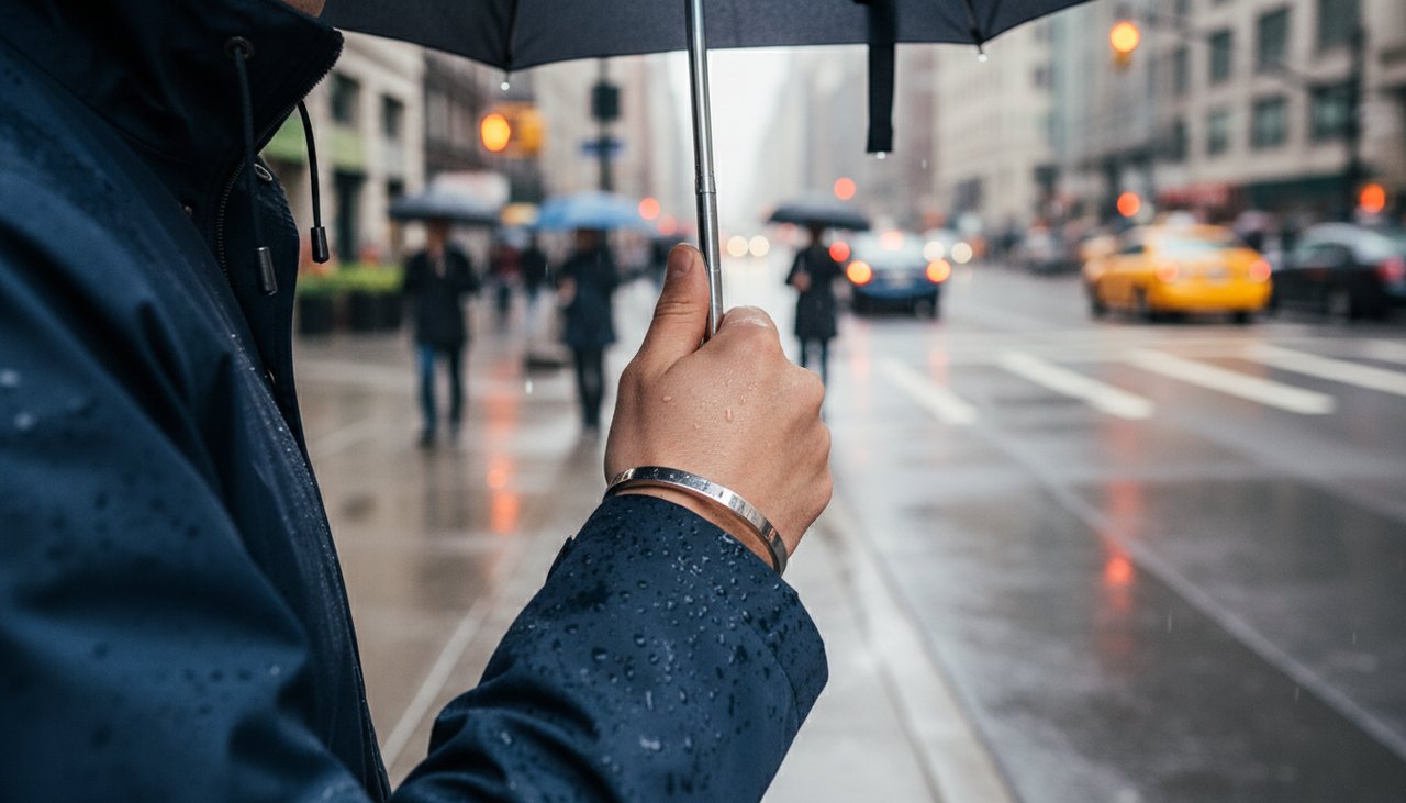 Practical Steel Jewelry for Daily Wear A person wearing a steel cuff while walking in the city on a rainy day