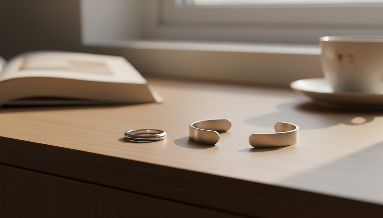 Silver vs. Steel – Sereniso Everyday Jewelry A silver ring and a stainless steel cuff on a wooden dresser in morning light