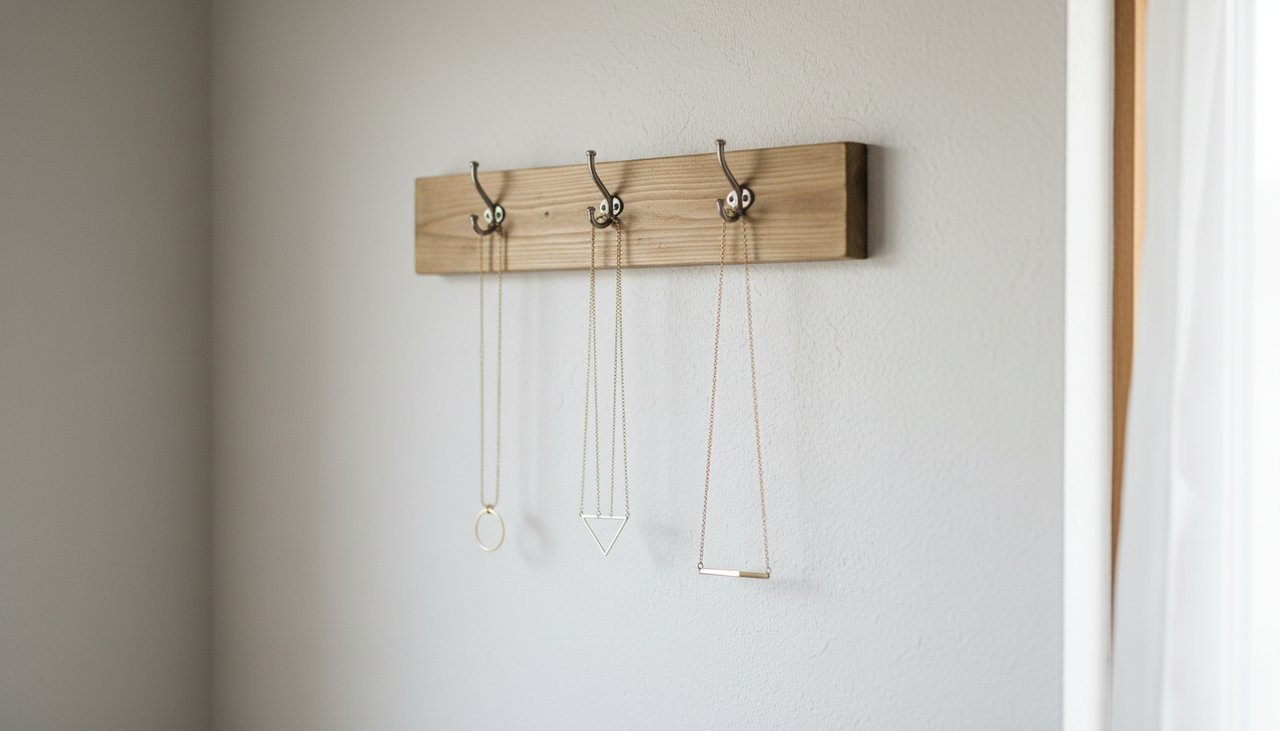 Minimalist wall-mounted jewelry hooks with necklaces hanging vertically