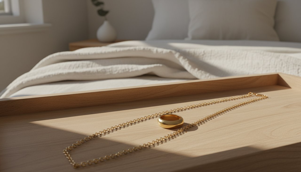 Daily Jewelry Essentials – Sereniso Simple gold necklace and rings resting on a wooden tray with soft morning light
