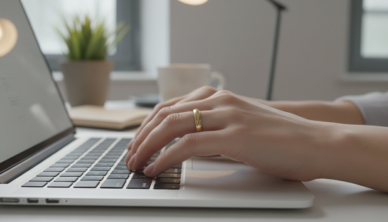Everyday Comfort Ring – Sereniso A hand with a flush geometric ring typing on a laptop keyboard