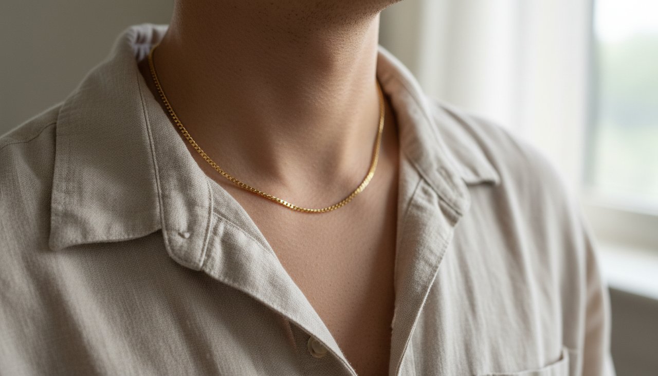 Practical Minimalism Necklace – Sereniso Close-up of a person wearing a 1.2mm gold chain necklace with a linen shirt